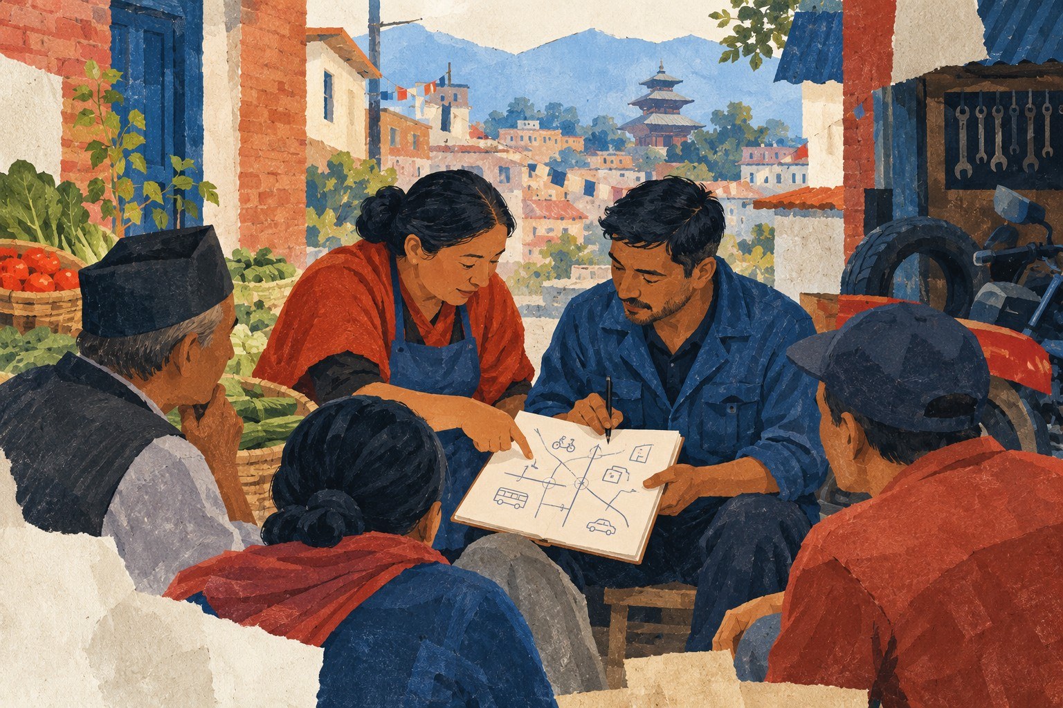 AI-generated illustration: Fictional Kathmandu neighborhood meeting, an adult vegetable seller and a mechanic mapping residents’ daily transport problems in a plain notebook before using 