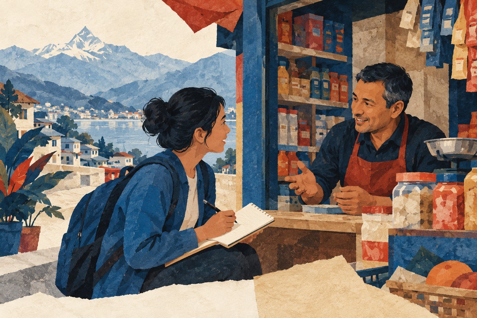 AI-generated illustration: youth interviewing shopkeeper in Pokhara Nepal
