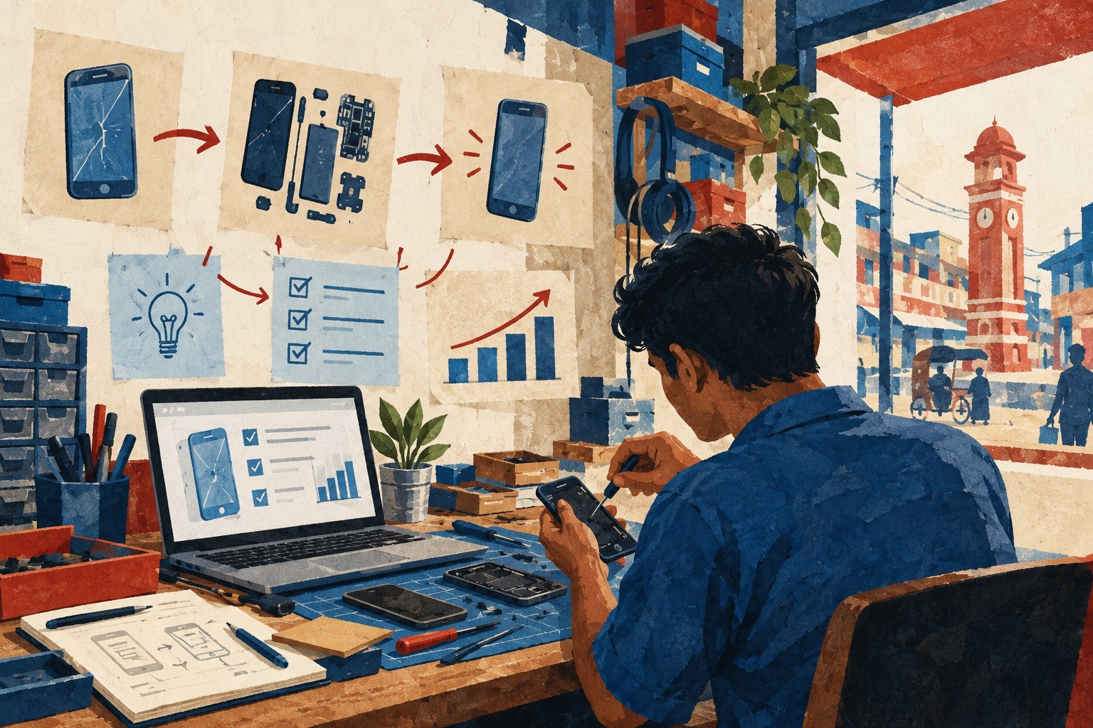 AI-generated illustration: small electronics repair workshop Biratnagar Nepal