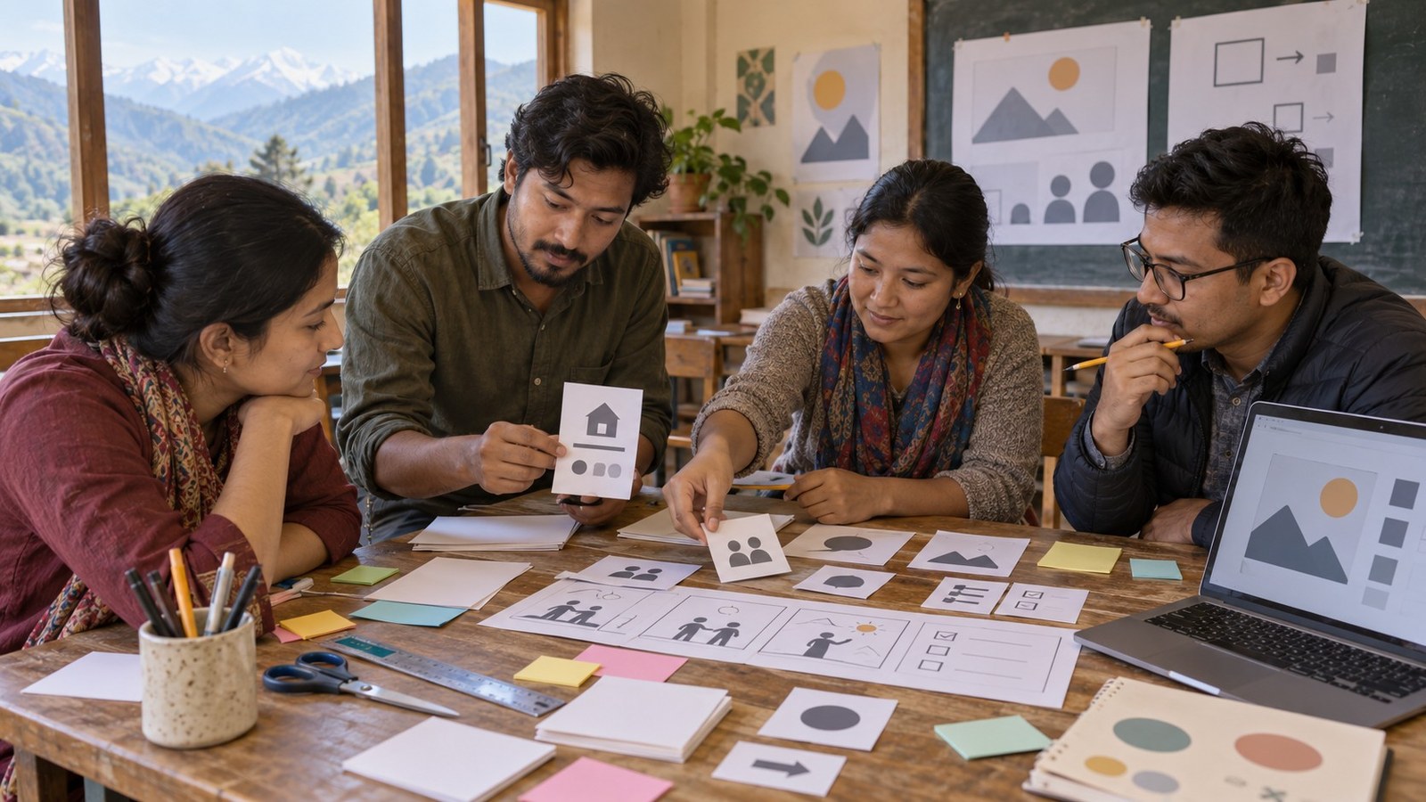 AI-generated illustration: Nepal school design workshop students paper prototypes
