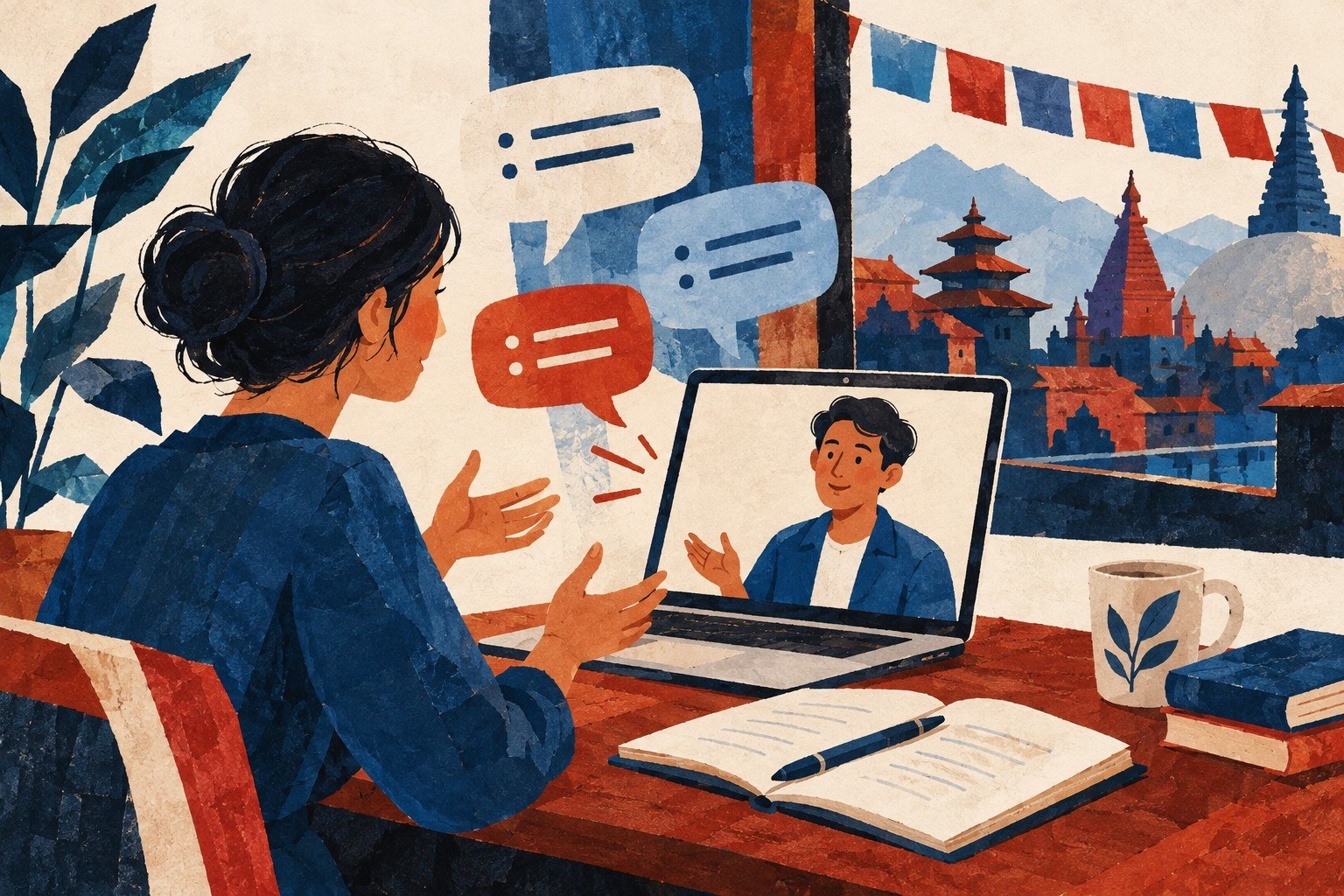 AI-generated illustration: Kathmandu workplace conversation rehearsal