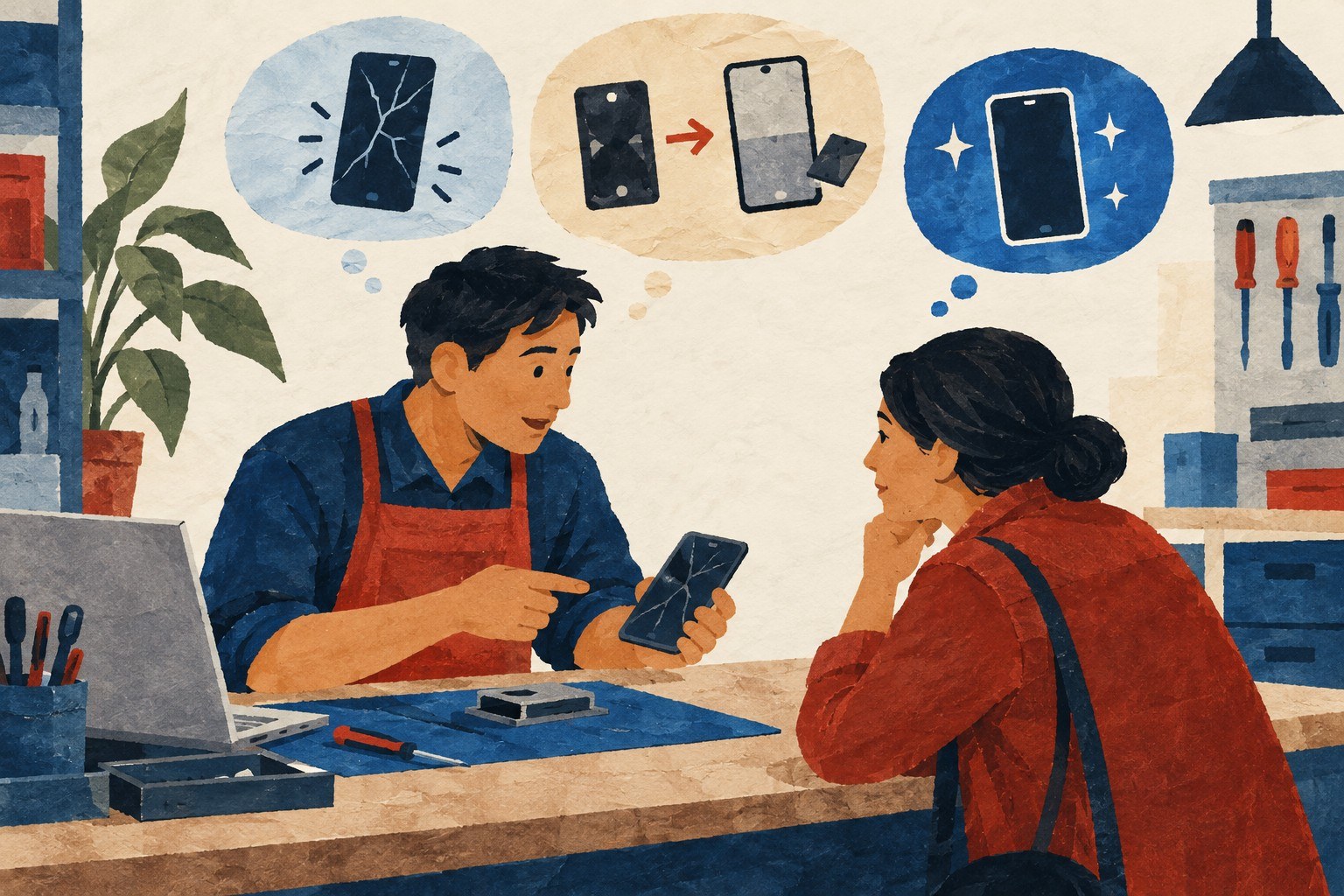 AI-generated illustration: Nepal repair shop customer explanation