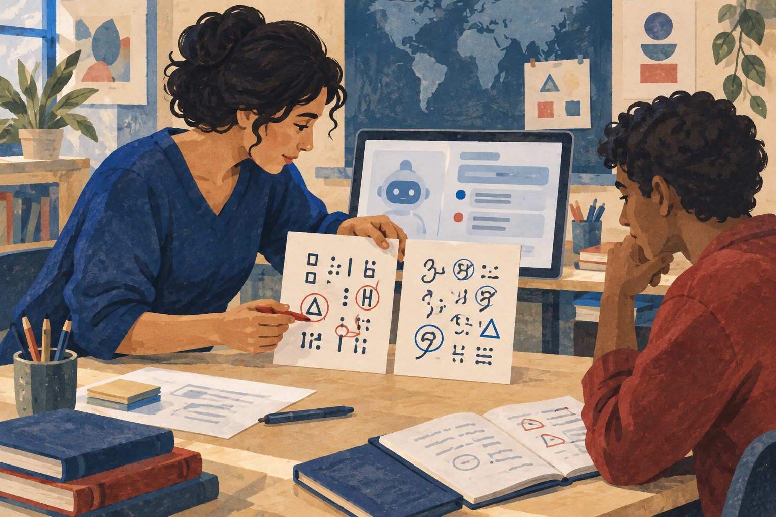 Teachers testing AI across languages — AI-generated editorial illustration