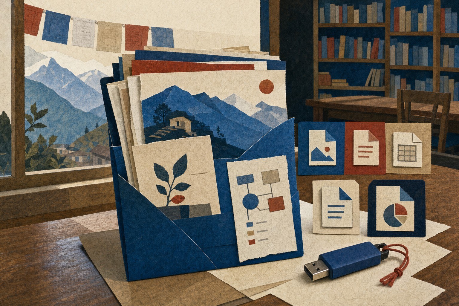 AI-generated illustration: Nepal community library printed portfolio files