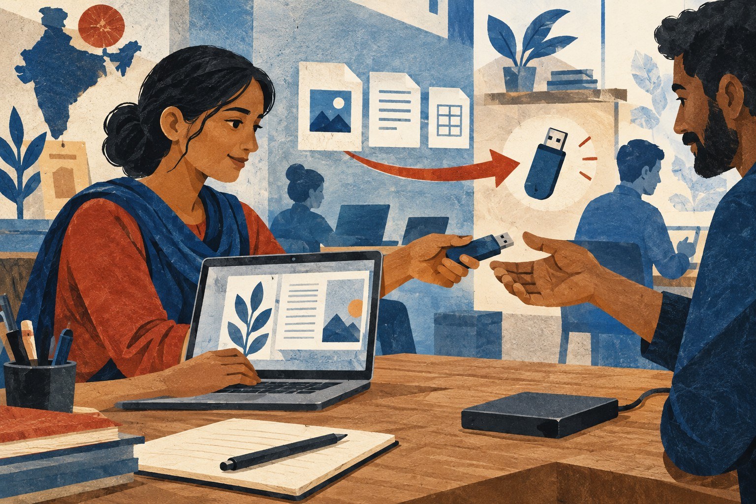 AI-generated illustration: India electronics workshop USB file transfer