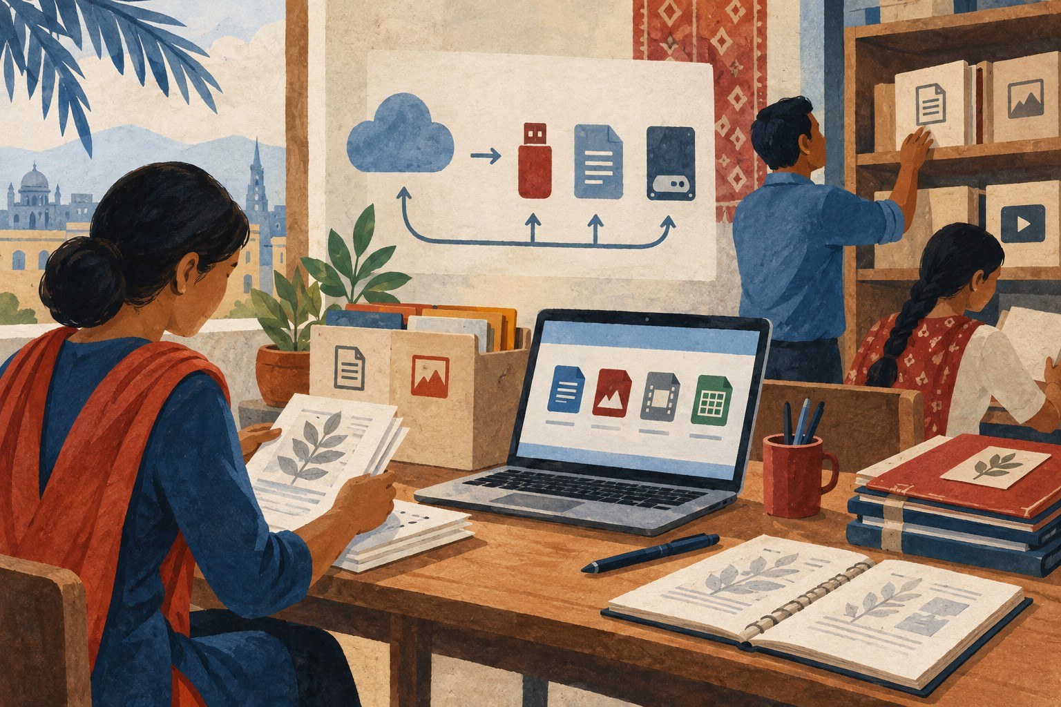 AI-generated illustration: South Asia vocational workshop labeled paper and digital files