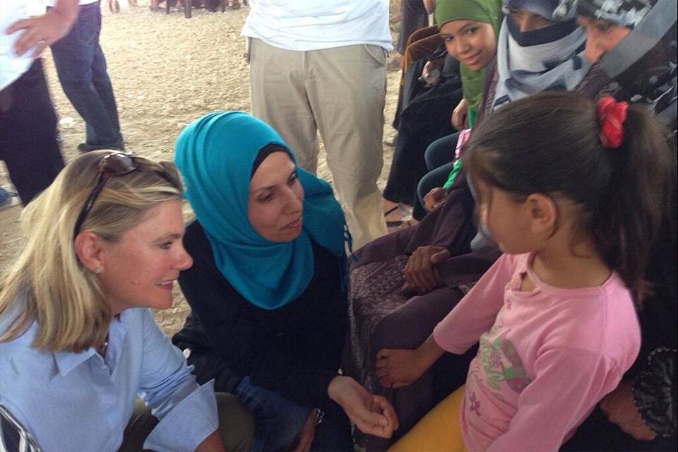 International Development Secretary, Justine Greening, talking with Syrian children at a UK-funded clinic in the Zaatari refugee camp, Jordan. During her…