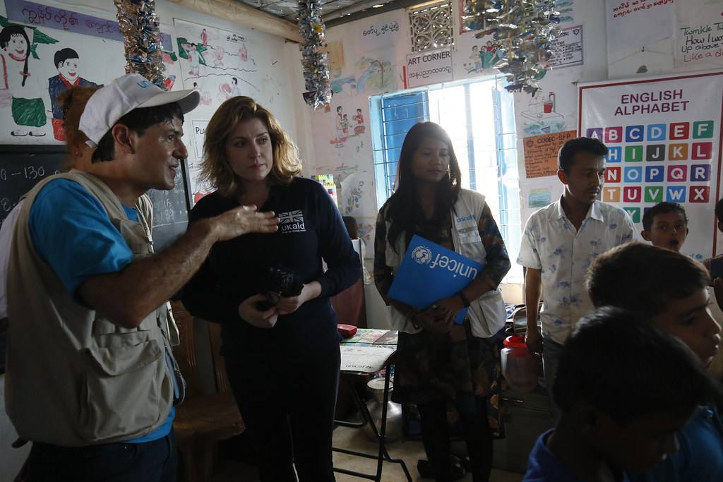 Penny Mordaunt meets UNICEF aid workers helping Rohingya refugee children at a UK-supported learning centre in the Kutapalong camp near Cox's Bazar in…