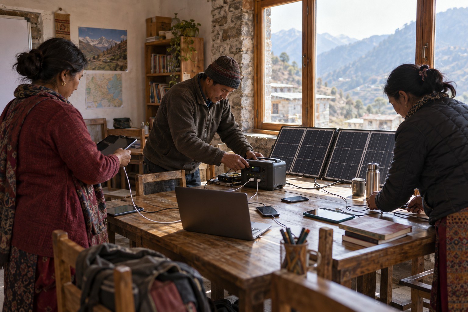 AI-generated illustration: solar panels charging devices Nepal community center