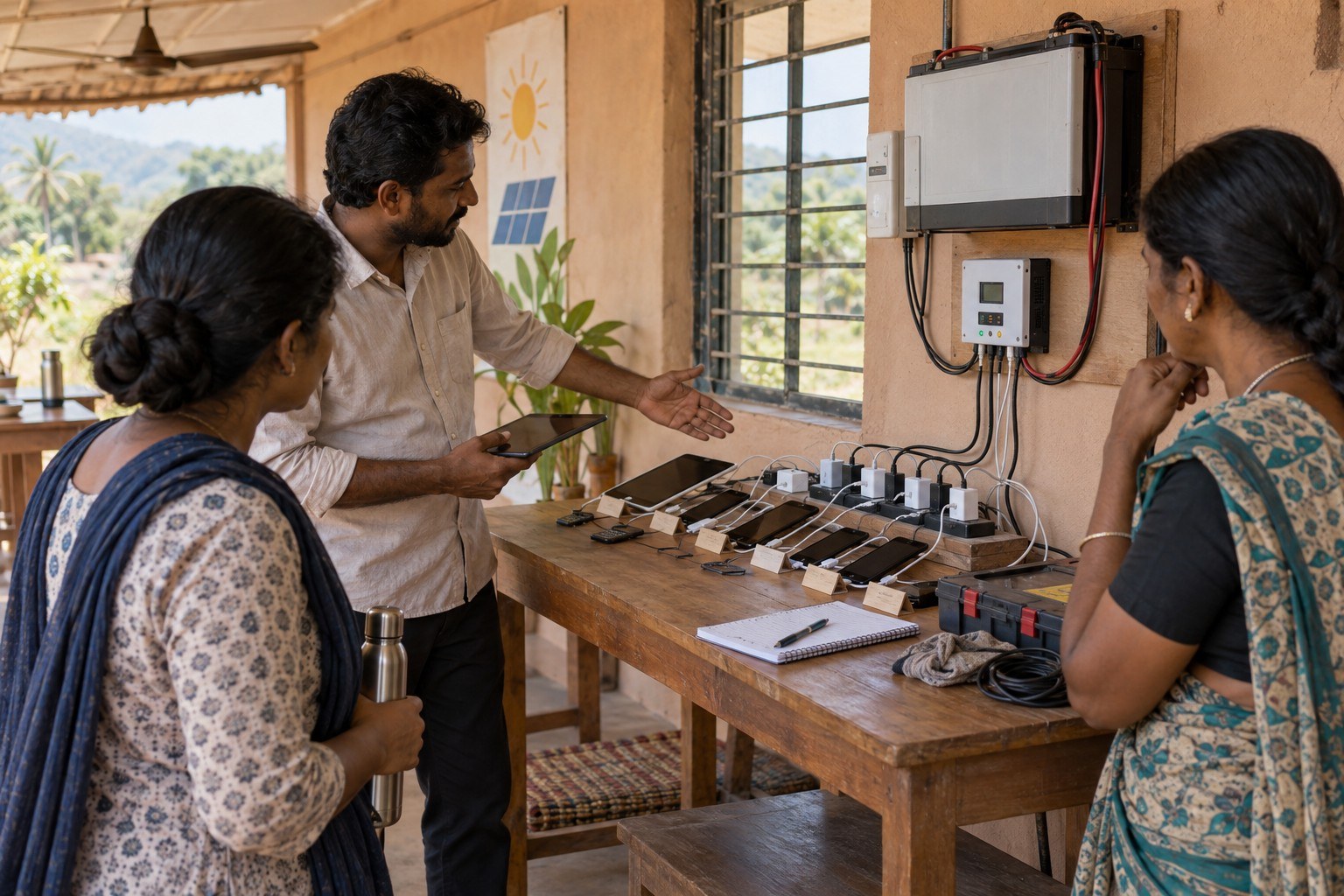 AI-generated illustration: electronics charging station workshop India