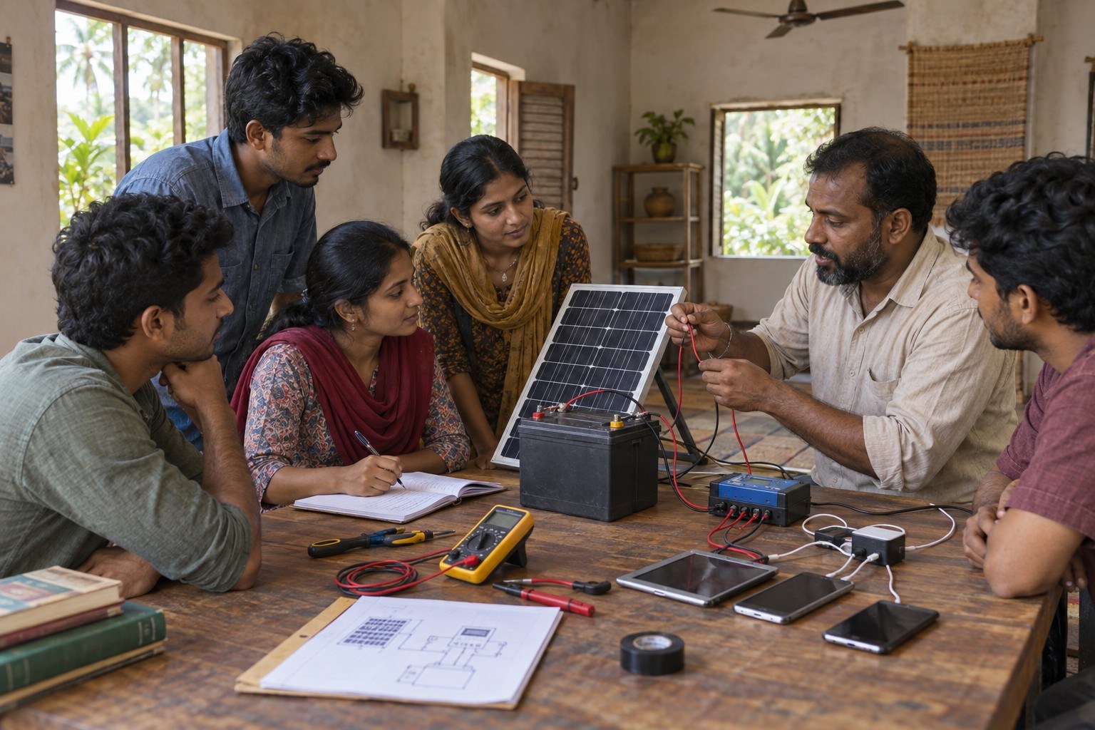 AI-generated illustration: South Asia youth energy workshop battery wiring