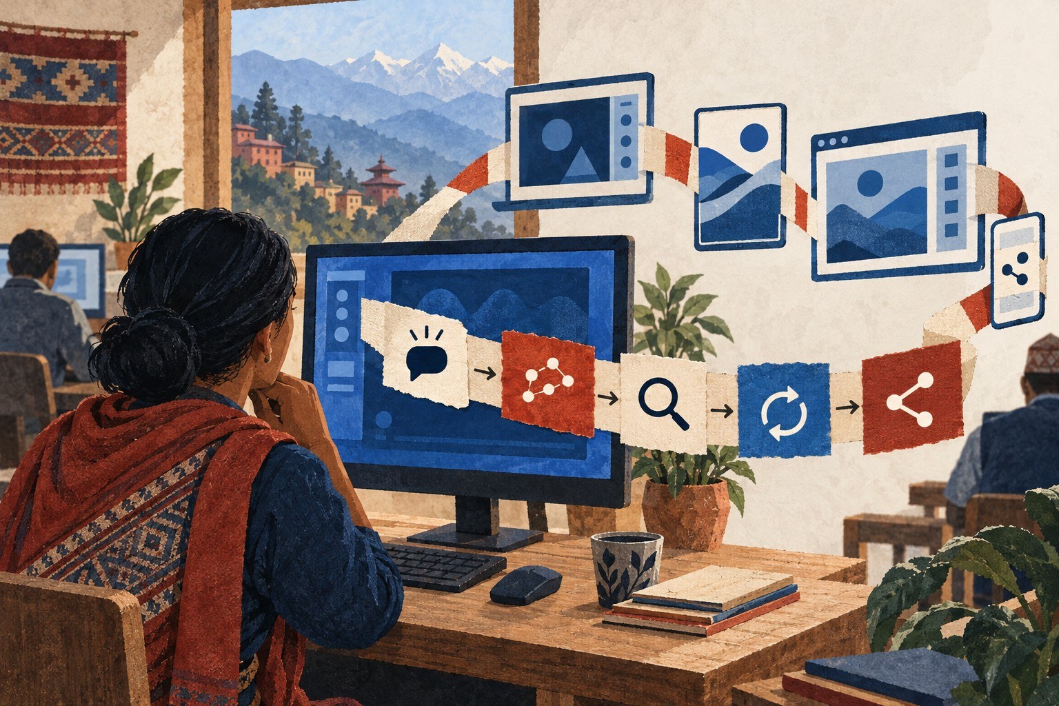 AI-generated illustration: Nepal community computer lab open-source AI lesson
