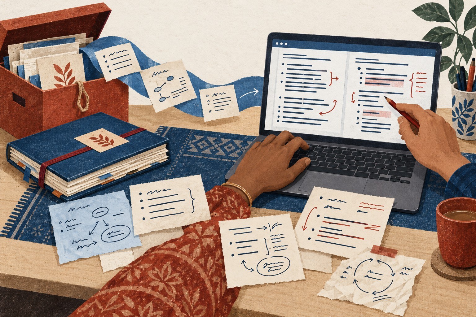 AI-generated illustration: South Asia plain-text study notes on shared laptop