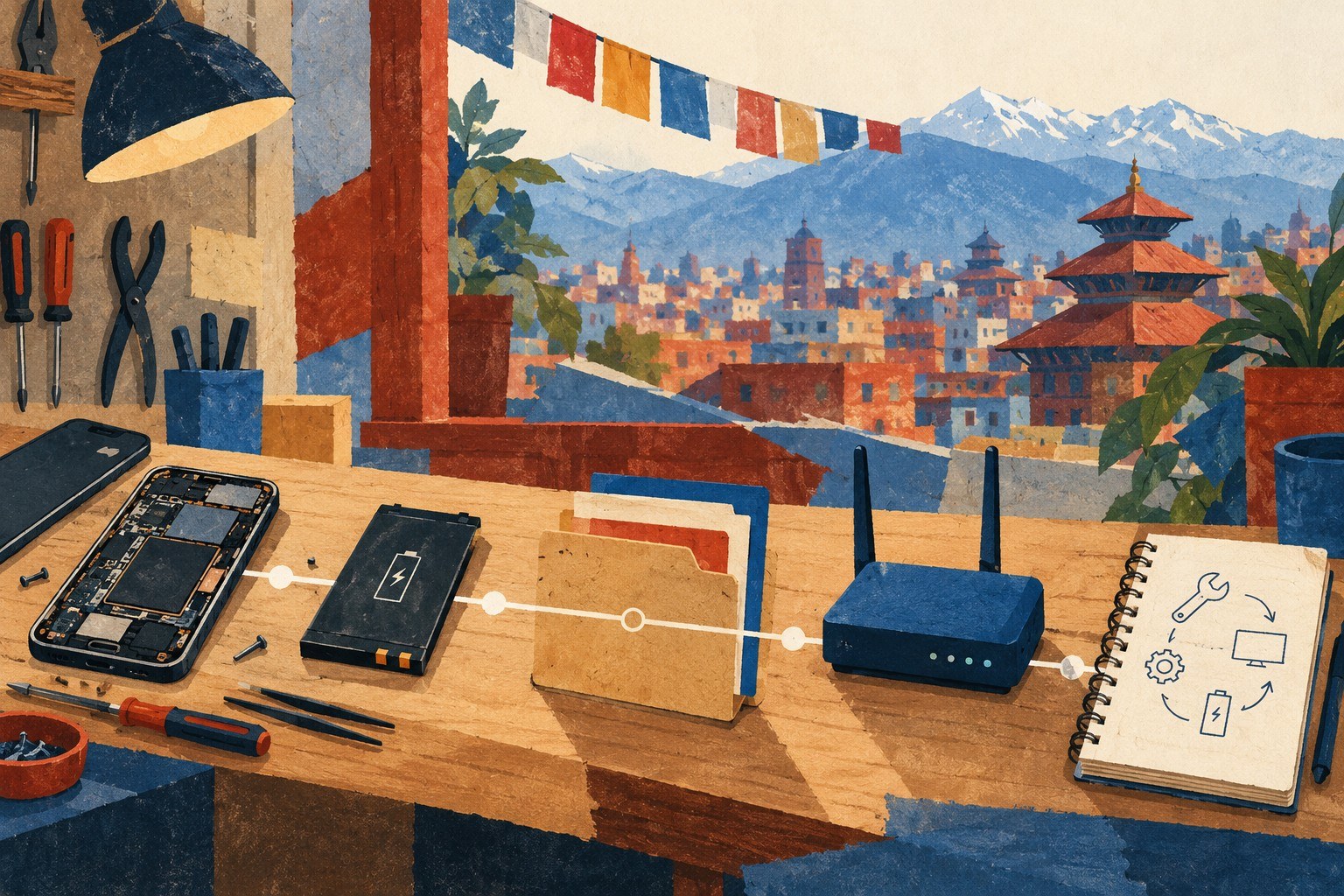 AI-generated illustration: Fictional cutaway scene in Kathmandu: a repaired smartphone, battery, file folder, router, and backup notebook arranged as linked stations on a workbench, warm 