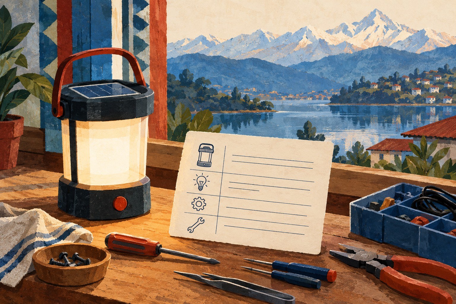 AI-generated illustration: Fictional scene in Pokhara, Nepal: a solar lantern beside a handwritten repair card listing the device, symptom, last adjustment, and remaining work, with tools