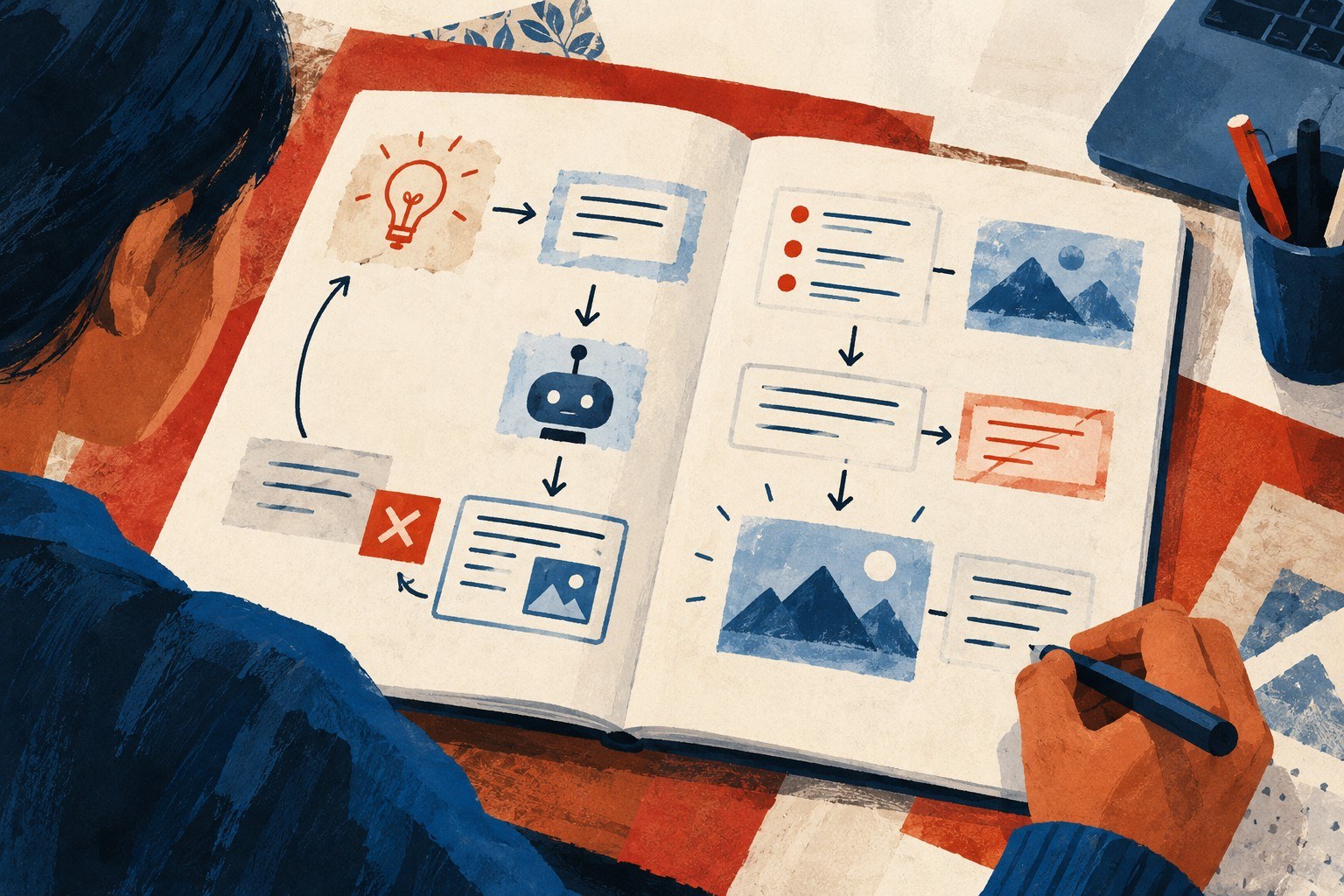AI-generated illustration: Nepal school notebook with AI workflow diagrams