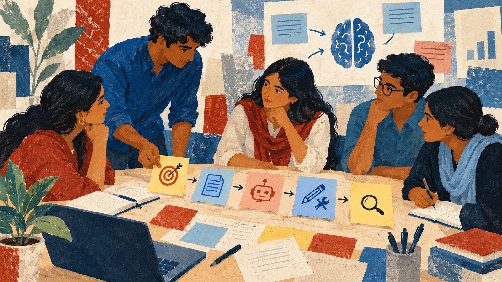 AI-generated illustration: South Asia youth workshop organizing labeled project notes