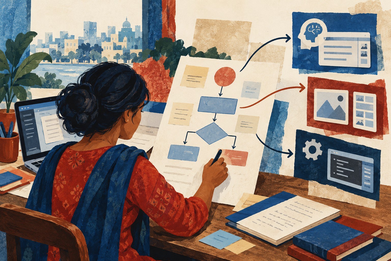 AI-generated illustration: Dhaka, Bangladesh, an adult learner annotating a flowchart beside a laptop, showing how one method transfers across different AI tools