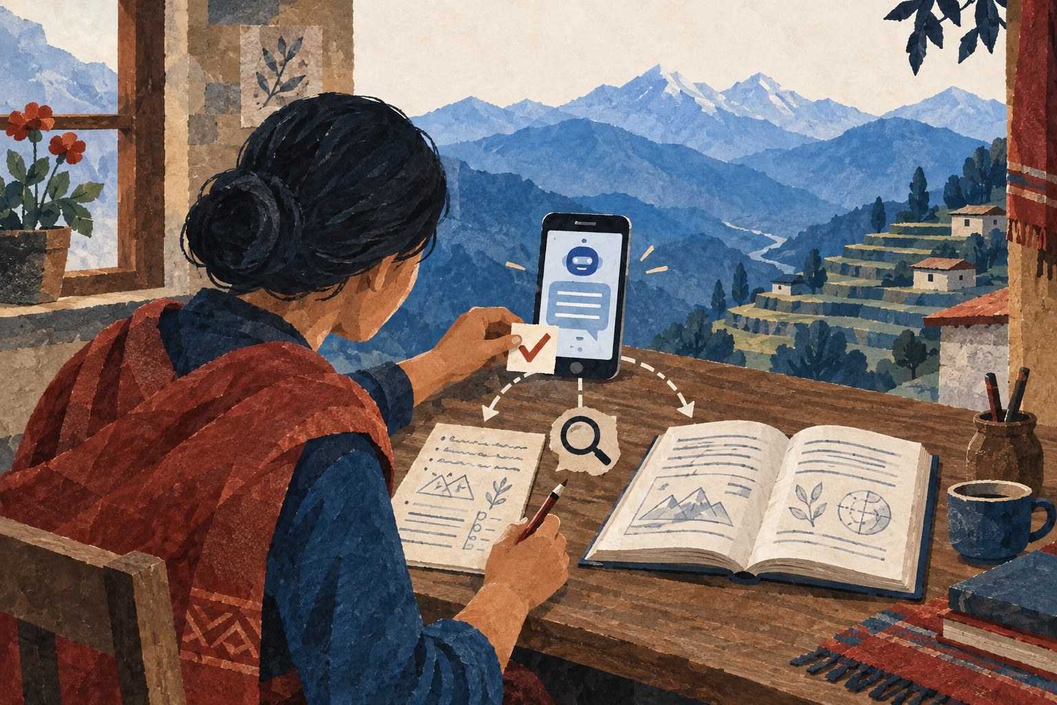 AI-generated illustration: Fictional illustration: adult learner in a remote Nepal hill village comparing a handwritten lesson with a borrowed reference book beside a basic mobile phone