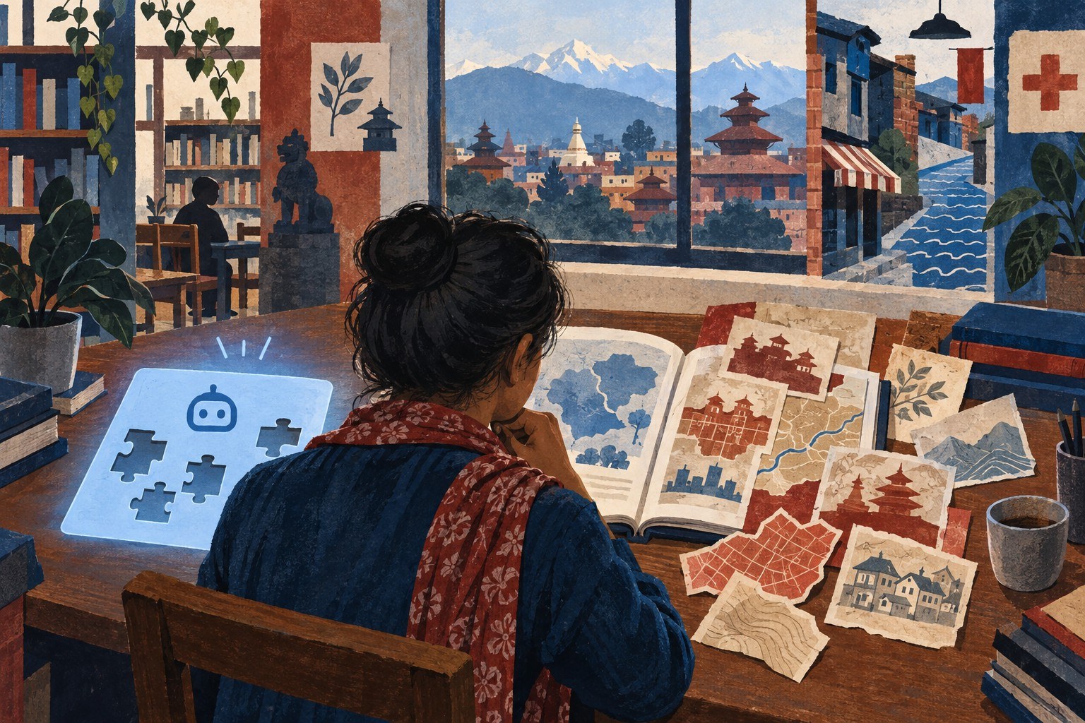 AI-generated illustration: Kathmandu public library student comparing books