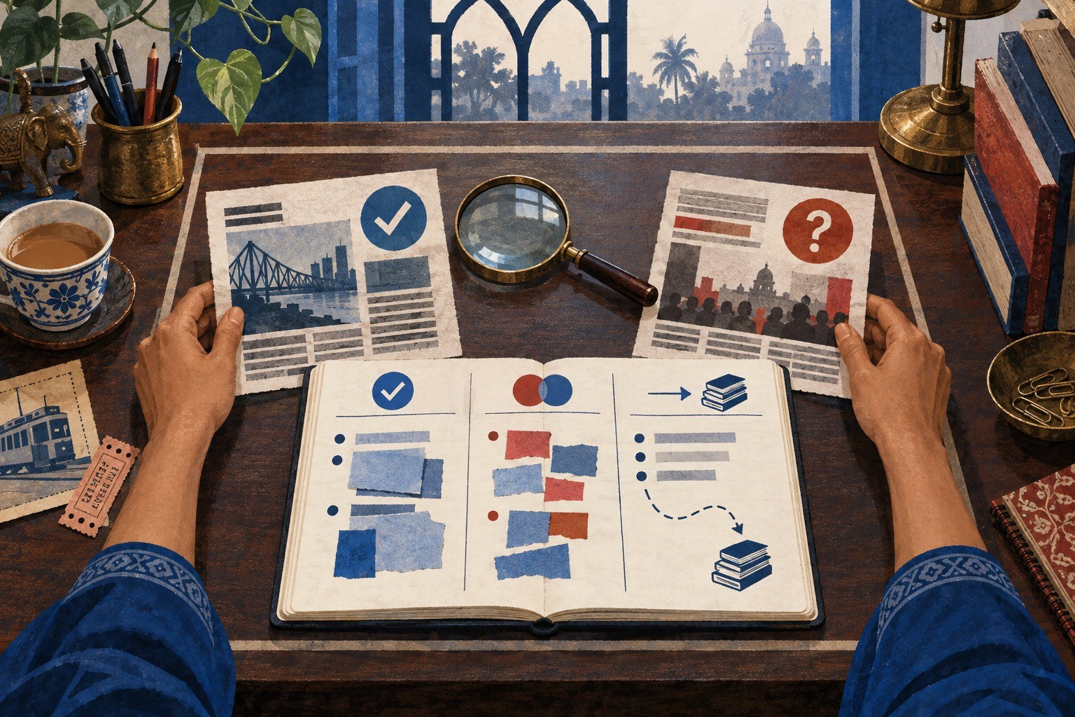 AI-generated illustration: In Kolkata, India, a librarian places two conflicting newspaper clippings beside a notebook divided into “supported,” “uncertain,” and “next evidence,” while a 
